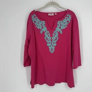 Quacker factory top 1x pink teal embroidered tropical beachy plus blouse shirt